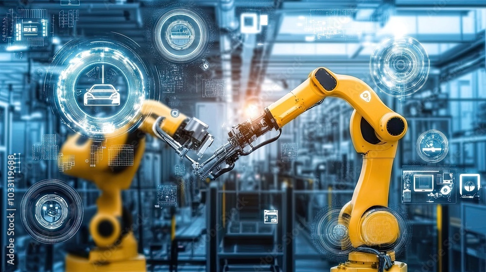 An industrial robot precisely welding a steel car part in an automated factory assembly line, highlighting cutting-edge manufacturing. An industrial robot precisely welding a steel car part in an automated factory assembly line, highlighting cutting-edge manufacturing.