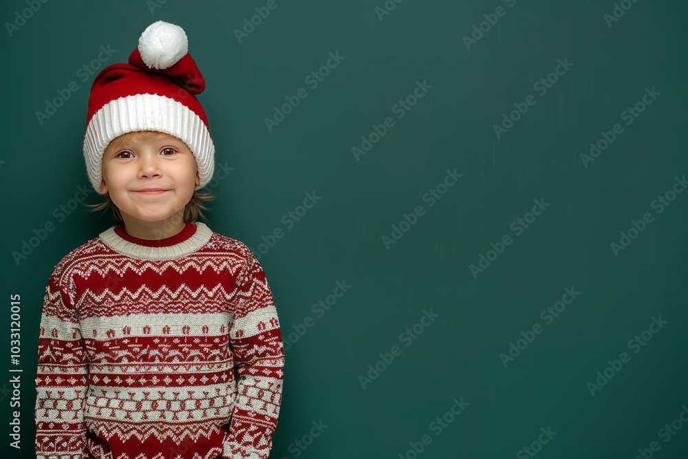 A joyful child boy wearing a Christmas red and white sweater and Santa hat on a plain dark green background with a place for text. AI generative A joyful child boy wearing a Christmas red and white sweater and Santa hat on a plain dark green background with a place for text. AI generative