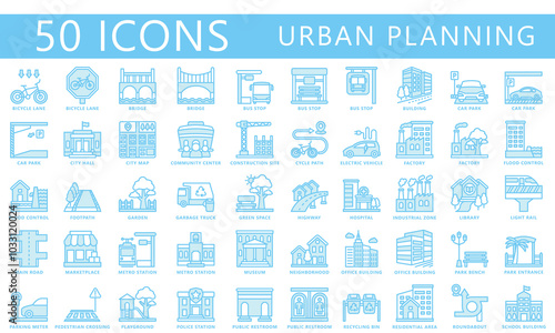 Urban planning blue color icons set. contain building, garden, bridge, office, residential, transport and more. Vector EPS 10 for UI or UX kit, web and app, construction, environment, industry