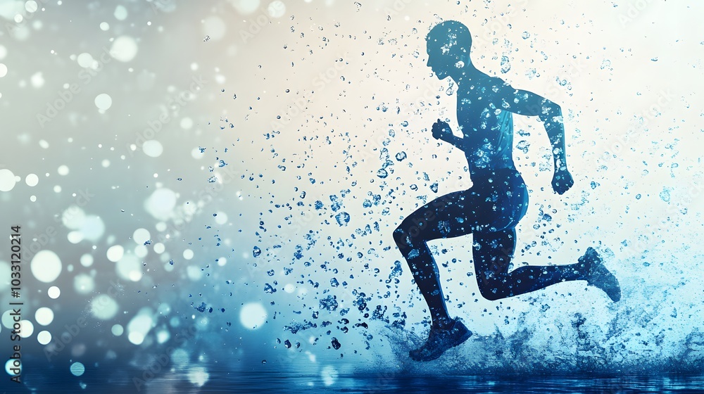 Silhouette of a Runner Surrounded by Water Drops Silhouette of a Runner Surrounded by Water Drops