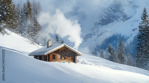 A cozy wooden cabin with smoke rising from the chimney sits on a snowy hillside against a backdrop of snow-capped mountains.