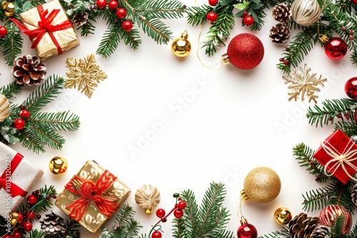 Christmas greeting card in a classic style. Christmas decorations, gift and fir-tree on a white background with a place for text. AI generative