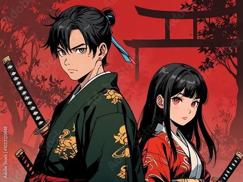 Anime boy and girl in samurai uniform style with vertical background action-oriented anime wallpaper
