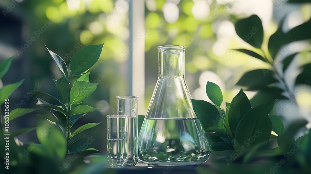 Glass Beaker and Test Tube Surrounded by Green Foliage Glass Beaker and Test Tube Surrounded by Green Foliage