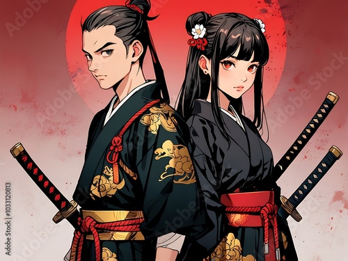 Anime boy and girl in samurai uniform style with vertical background action-oriented anime wallpaper
 photo