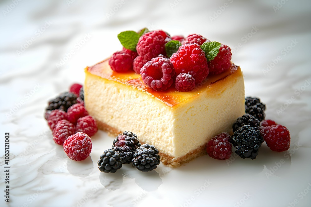 A decadent slice of cheesecake topped with a vibrant medley of fresh berries on marble table. A decadent slice of cheesecake topped with a vibrant medley of fresh berries on marble table.