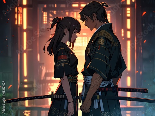 Anime boy and girl in samurai uniform style with vertical background action-oriented anime wallpaper
 photo