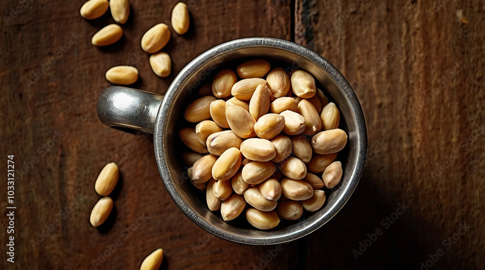 Nutritious snack Pine nuts on metal measuring cup wooden textured table Nutritious snack Pine nuts on metal measuring cup wooden textured table