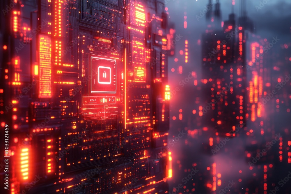 Obraz premium A futuristic digital landscape featuring glowing circuitry and structures.