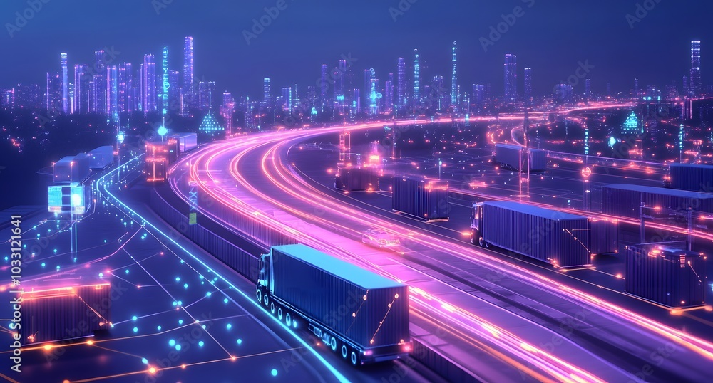 A digital rendering of an AI-driven trucking network, with trucks and containers moving on Bézier curves across the road. A digital rendering of an AI-driven trucking network, with trucks and containers moving on Bézier curves across the road.