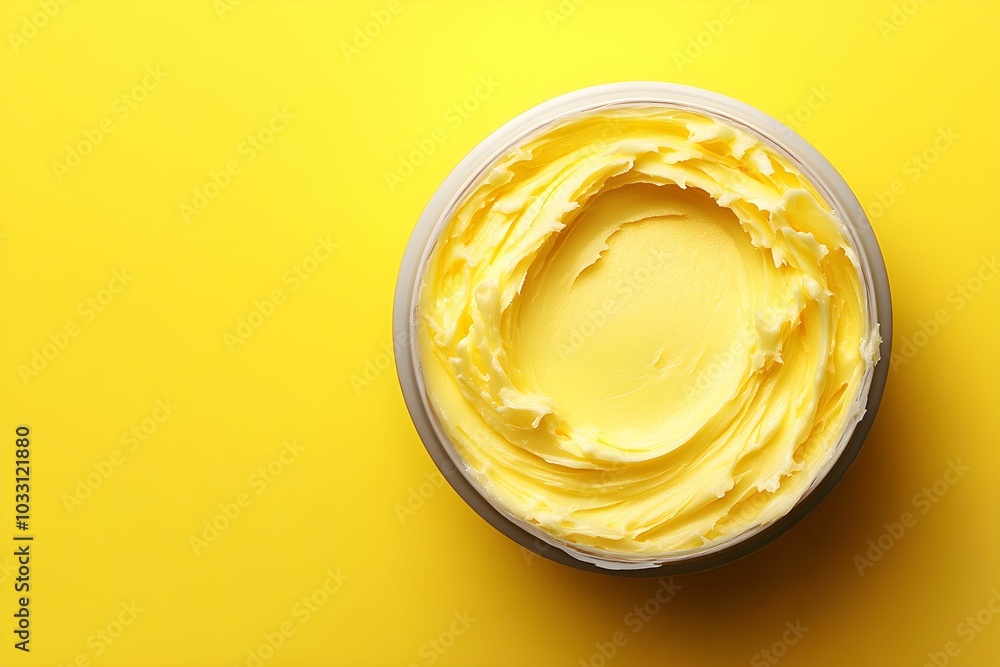 A close-up of a smooth creamy substance in a white container, featuring a bright yellow color, reflective surface on yellow background A close-up of a smooth creamy substance in a white container, featuring a bright yellow color, reflective surface on yellow background