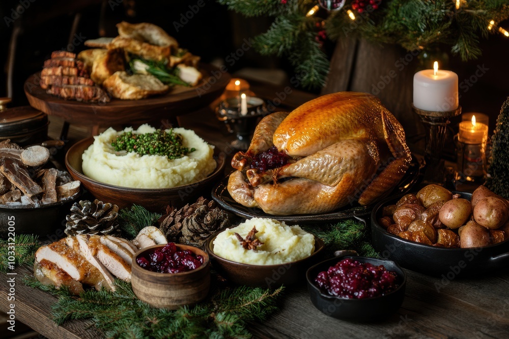 A festive holiday dinner table, featuring a golden roasted turkey A festive holiday dinner table, featuring a golden roasted turkey