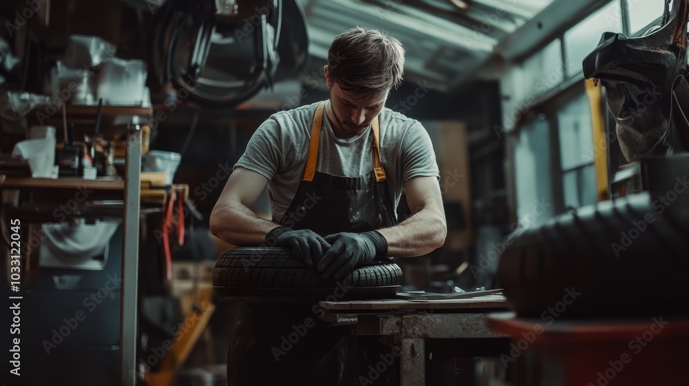 A focused craftsman works intently in a workshop, wearing gloves and yellow overalls, surrounded by tools and materials, demonstrating skill and dedication. A focused craftsman works intently in a workshop, wearing gloves and yellow overalls, surrounded by tools and materials, demonstrating skill and dedication.
