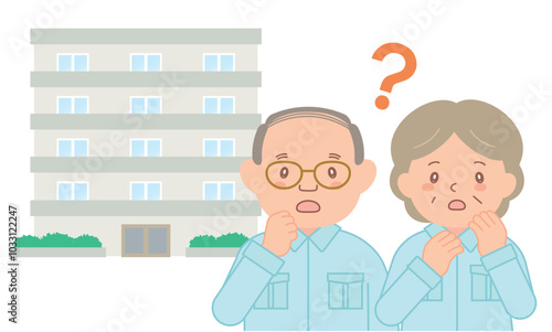 疑問を持つ作業着を着たシニアの男女とマンション