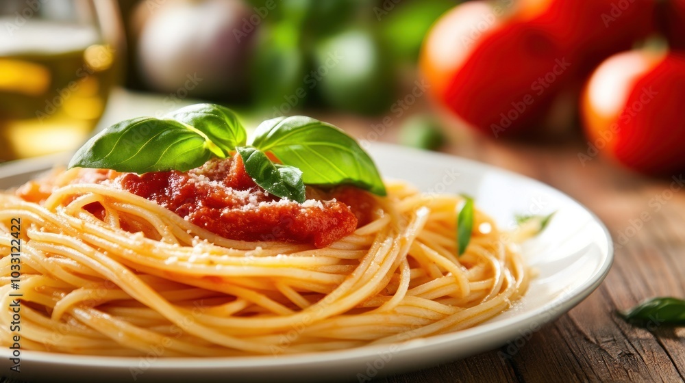 Fototapeta premium Delicious Spaghetti with Tomato Sauce and Basil