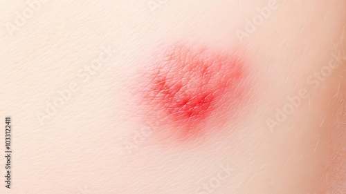 Closeup of red, raised urticaria patches on light skin, inflamed and irritated