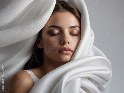 Portrait of young woman with eyes closed behind white fabric. AI Generative photo