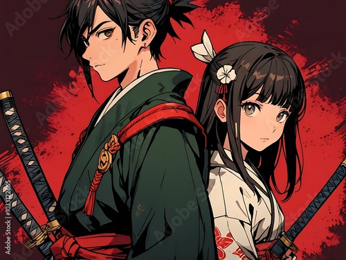 Anime boy and girl in samurai uniform style with vertical background action-oriented anime wallpaper
 photo