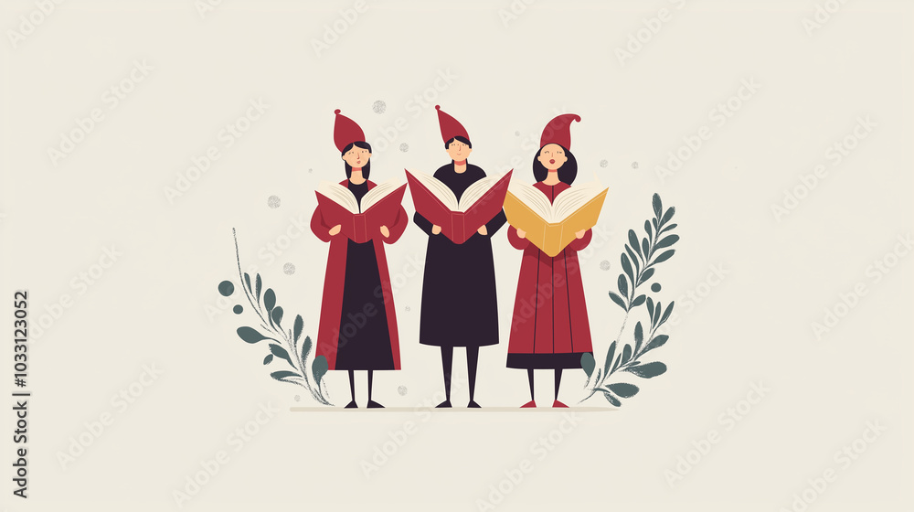 Three women singing with open books in festive hats surrounded by green leaves Three women singing with open books in festive hats surrounded by green leaves