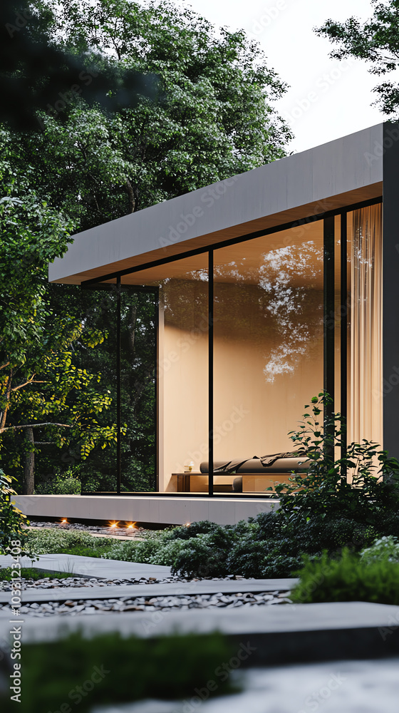 Modern house with large windows and greenery Modern house with large windows and greenery