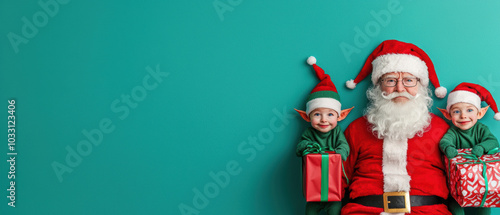 A festive scene featuring Santa Claus flanked by two cheerful elves holding gifts against a vibrant teal background.