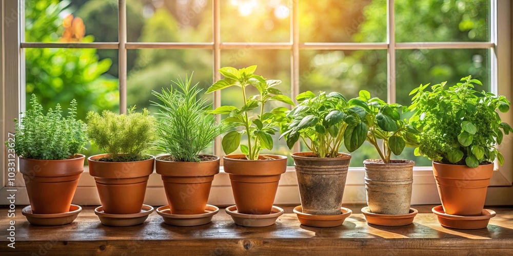 A collection of potted plants stand in a row on a windowsill, basking in the warm glow of the sun shining through the window, their leaves reaching for the light. A collection of potted plants stand in a row on a windowsill, basking in the warm glow of the sun shining through the window, their leaves reaching for the light.