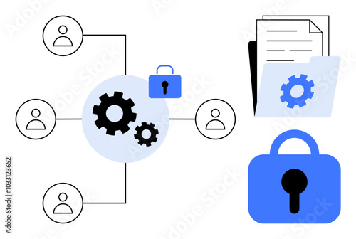 Network configuration with interconnected users and gears symbolizing collaboration and optimization. Lock symbols and documents in a folder highlight security and information protection. Ideal for