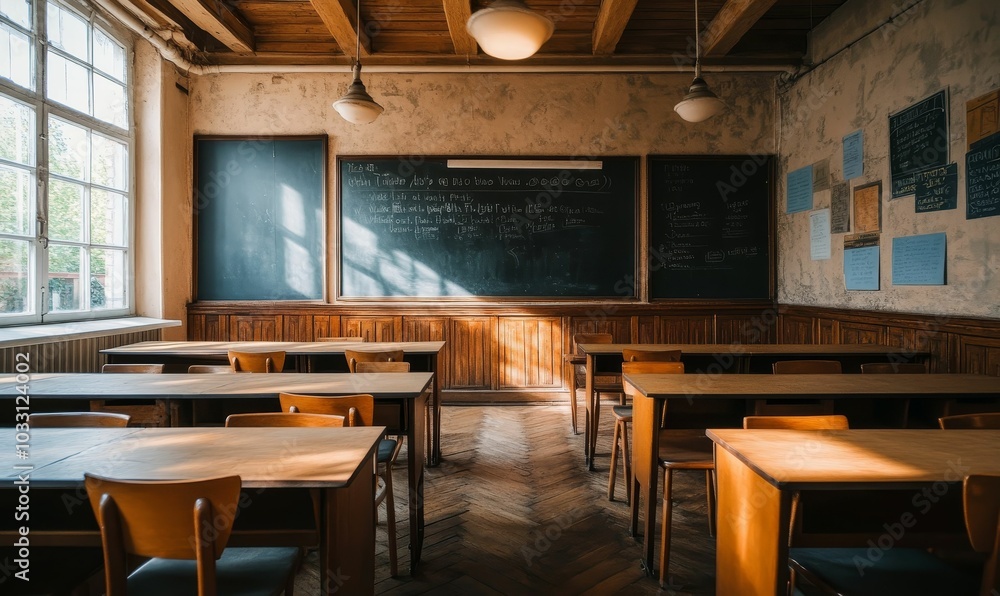 Empty classroom with wooden desks and chairs. Empty classroom with wooden desks and chairs.