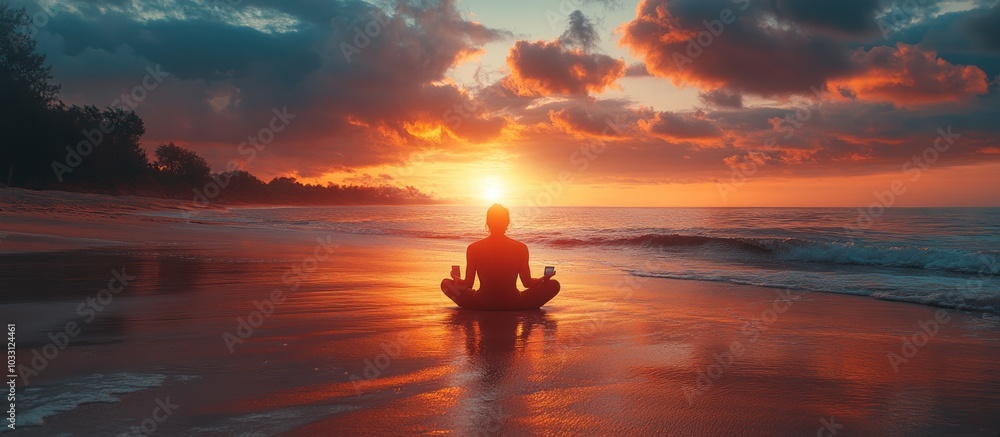 A person meditating on a beach at sunset, reflecting tranquility and mindfulness. A person meditating on a beach at sunset, reflecting tranquility and mindfulness.