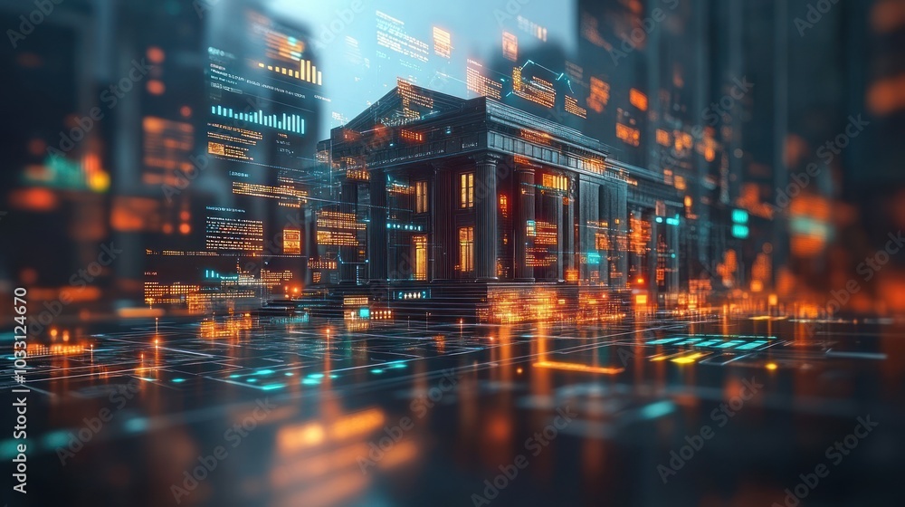 A futuristic cityscape featuring a classical building amidst digital data streams. A futuristic cityscape featuring a classical building amidst digital data streams.