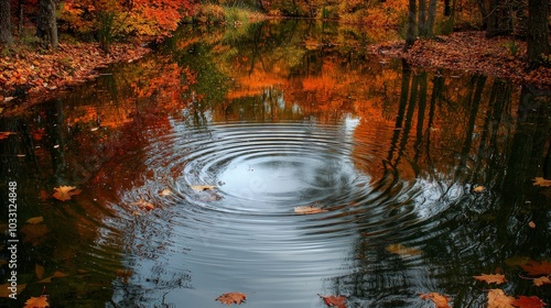 A still pond with ripples, surrounded by colorful fall foliage.