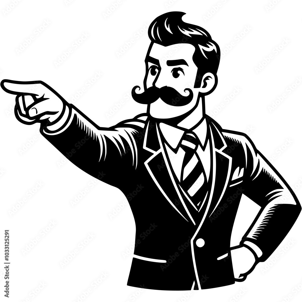 Businessman in classic suit with moustache points his index finger forward in monochrome. Simple minimalistic vector in black ink drawing on transparent background Businessman in classic suit with moustache points his index finger forward in monochrome. Simple minimalistic vector in black ink drawing on transparent background