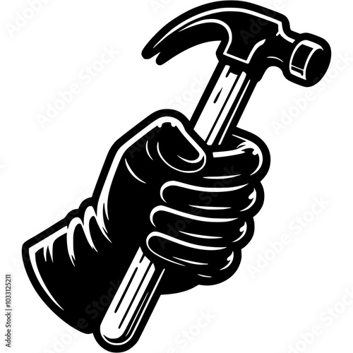 Thief hand wearing a black glove holds a hammer with a crowbar to pick a lock in monochrome. Simple minimalistic vector in black ink drawing on transparent background