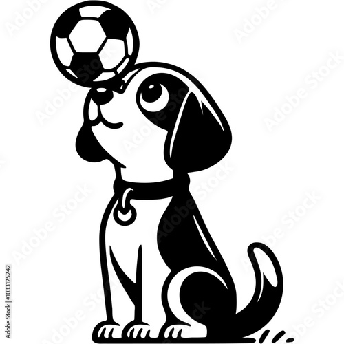 Young dog performs training task of owner and holds soccer ball on nose in monochrome. Simple minimalistic vector in black ink drawing on transparent background