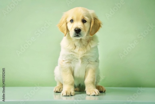 A playful golden retriever puppy sits on a light green surface, showcasing its fluffy coat and curious expression in a cozy indoor setting