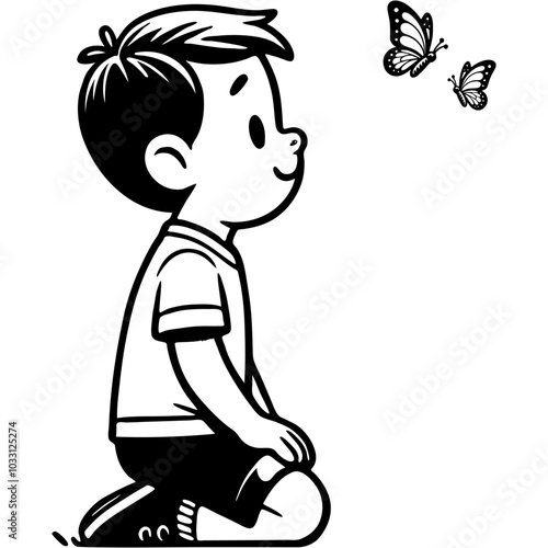 Inquisitive boy watches a pair of fluttering butterflies in monochrome. Simple minimalistic vector in black ink drawing on transparent background