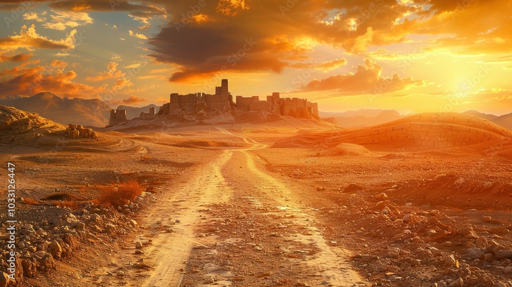 Naklejka premium Exploring Antiquity: Dirt Road to Ancient Cities Like Bethany and Antioch Beneath a Colorful Sunset