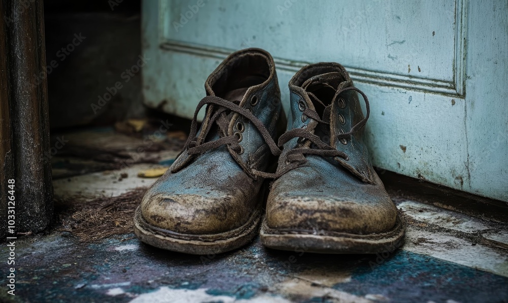 Two worn leather shoes by a door.