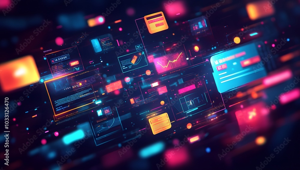 A dynamic digital illustration of an online shopping experience, with credit card symbols and glowing web pages floating around it. A dynamic digital illustration of an online shopping experience, with credit card symbols and glowing web pages floating around it.
