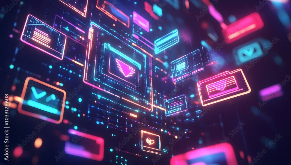 A dynamic digital illustration of an online shopping experience, with credit card symbols and glowing web pages floating around it. A dynamic digital illustration of an online shopping experience, with credit card symbols and glowing web pages floating around it.