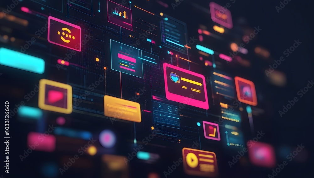 A dynamic digital illustration of an online shopping experience, with credit card symbols and glowing web pages floating around it. A dynamic digital illustration of an online shopping experience, with credit card symbols and glowing web pages floating around it.