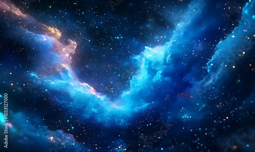 A vibrant, cosmic scene showcasing swirling blue and purple nebulae filled with sparkling stars against a dark background.