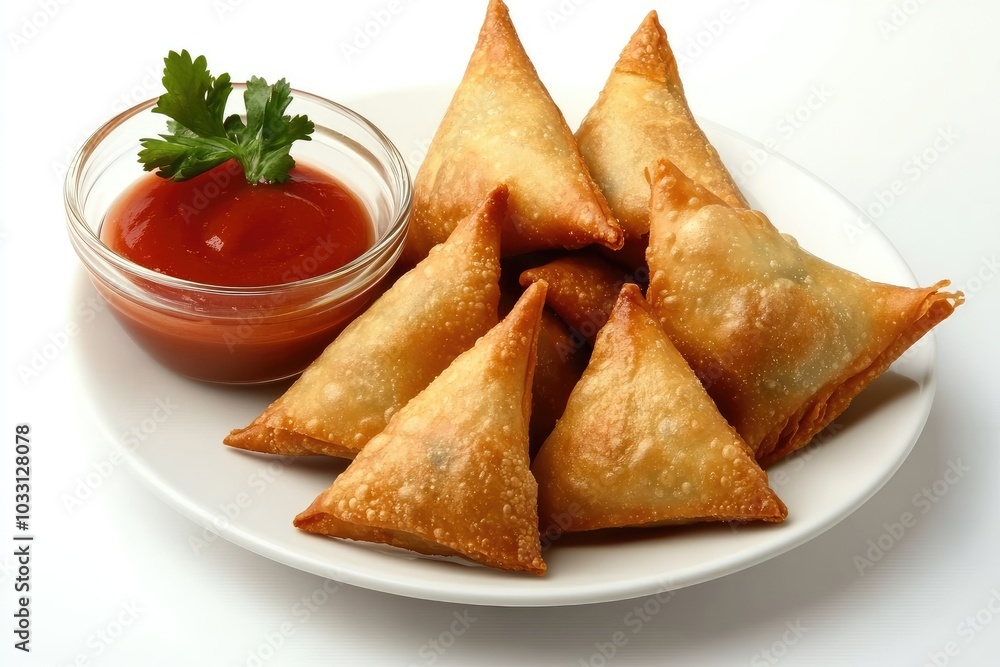 Crispy Fried Samosas with Tomato Sauce and Parsley Garnish Crispy Fried Samosas with Tomato Sauce and Parsley Garnish