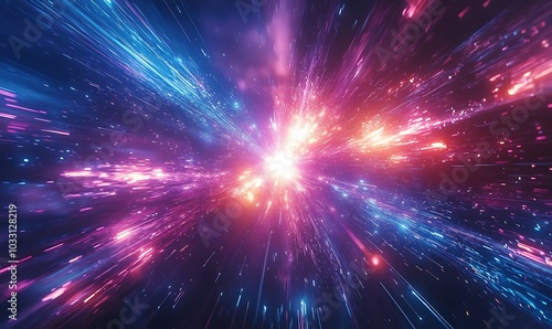 A vibrant cosmic explosion of colors and light, depicting a journey through space with radiant particles and energy streams.