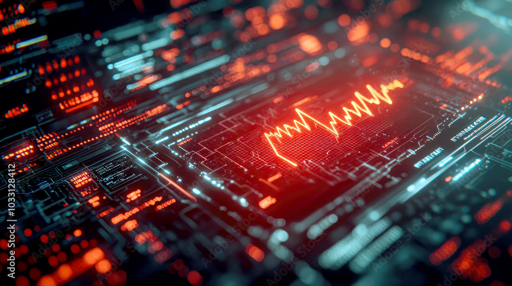 A digital representation of a heartbeat signal amidst a futuristic circuit design. A digital representation of a heartbeat signal amidst a futuristic circuit design.