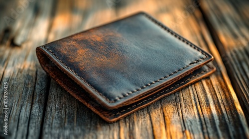 A brown leather wallet resting on a wooden surface, showcasing its texture and craftsmanship.