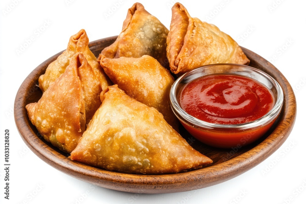 Fried Samosas with Tomato Ketchup in a Wooden Bowl Fried Samosas with Tomato Ketchup in a Wooden Bowl