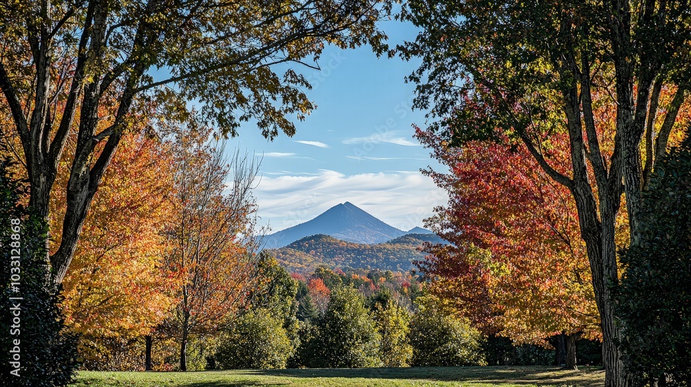 Fototapeta premium A mountain peak viewed through a frame of fall foliage.