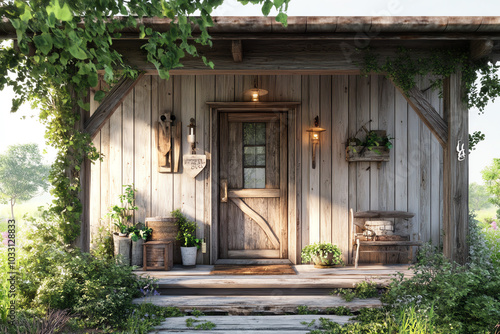 A countrystyle house with a barnstyle door and vintage, rustic decor photo