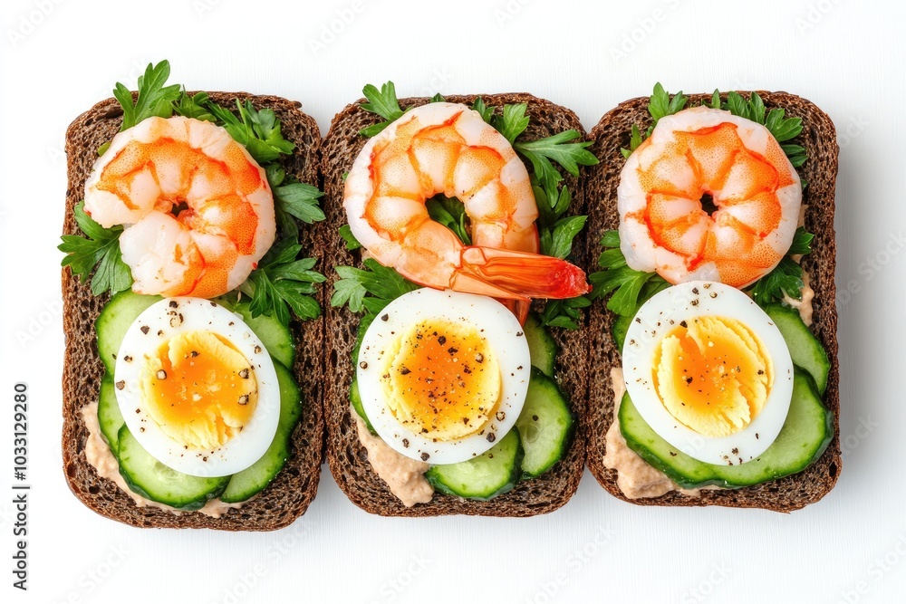 Three Open-Faced Sandwiches with Shrimp, Egg, and Cucumber Three Open-Faced Sandwiches with Shrimp, Egg, and Cucumber